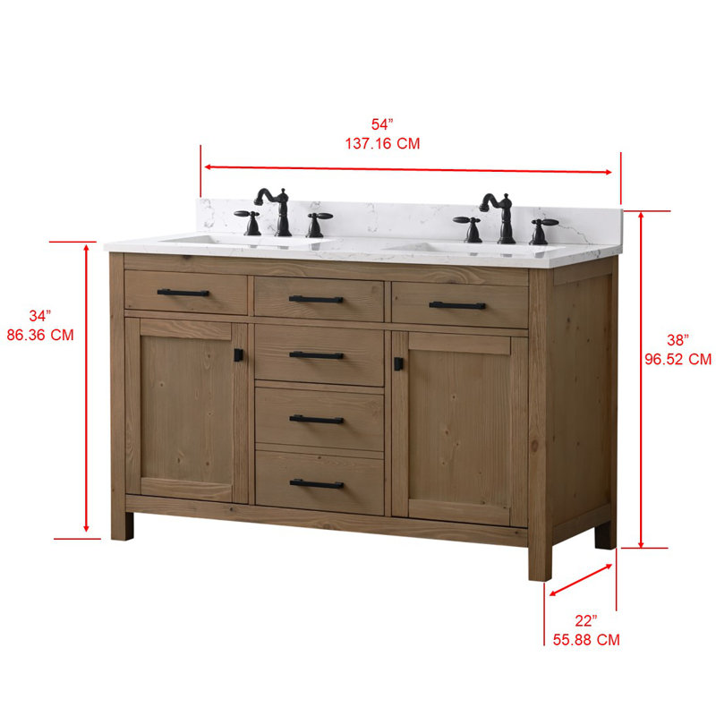 Ensemble de meuble-lavabo double 54 po Ajiya, Naturel texturé / noir mat, Blanc de Carrare