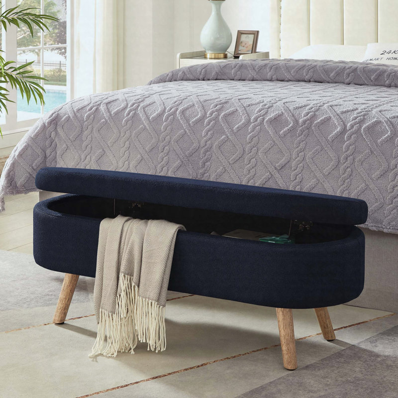 Oval Boucle Storage Ottoman Bench with Safety Hinge and Wood Legs, Navy Blue, Navy Blue