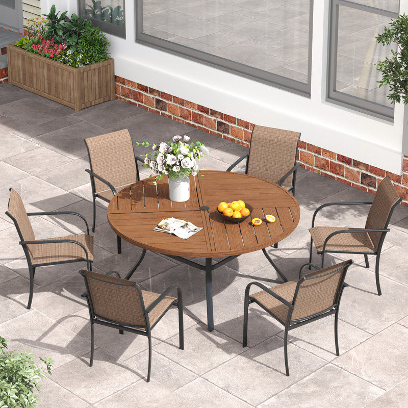 Outdoor Patio Dining Set - 47'' Round Table with Umbrella Hole + 6 Stackable Chairs, Brown