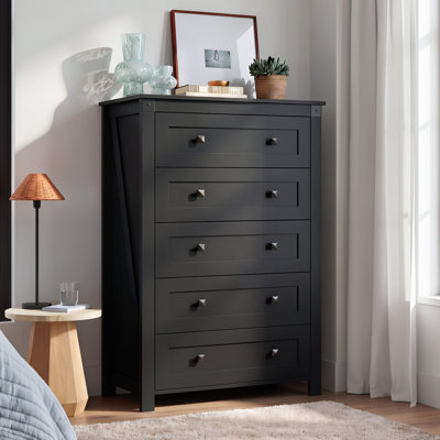 Grande commode en bois à 5 tiroirs de 48,27 po Farmhoue pour chambre à coucher, grande commode de rangement avec poignées doubles rustiques, commode en bois noir l 31,5 po avec pieds solides, commode de salon, couloir, garde-robe