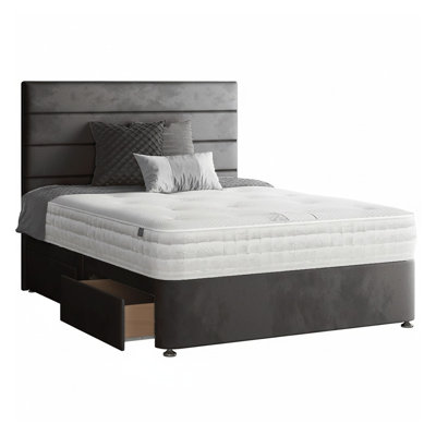 Kiara Stripped Floor Standing Headboard With Divan Base 4 Drawers Plush Velvet Mallard With And Metal Feet (Kingsize)