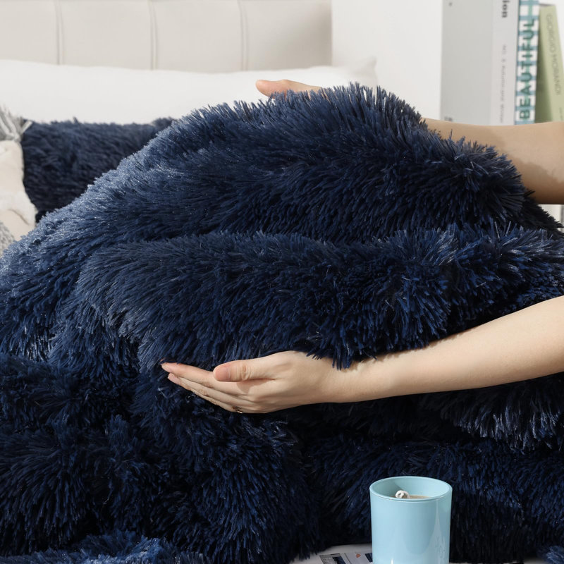 Fluffy Comforter Set 3 Pieces- All Seasons Luxury Fuzzy Comforter With Two Pillowcases, Navy Blue