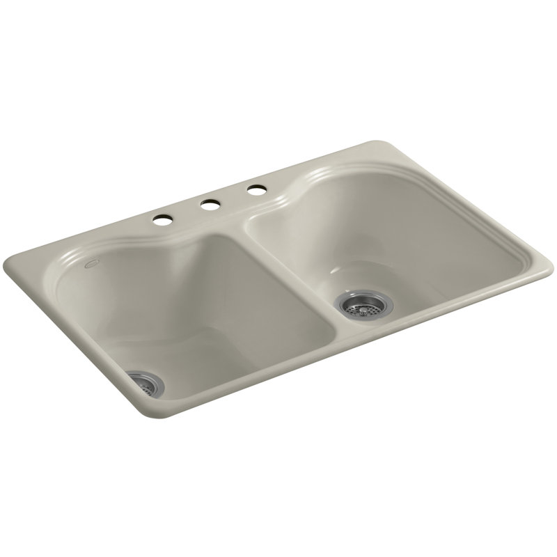 Hartland 33" L x 22" W x 9-5/8" Double Basin Drop-In Kitchen Sink, Sandbar, 3 Hole