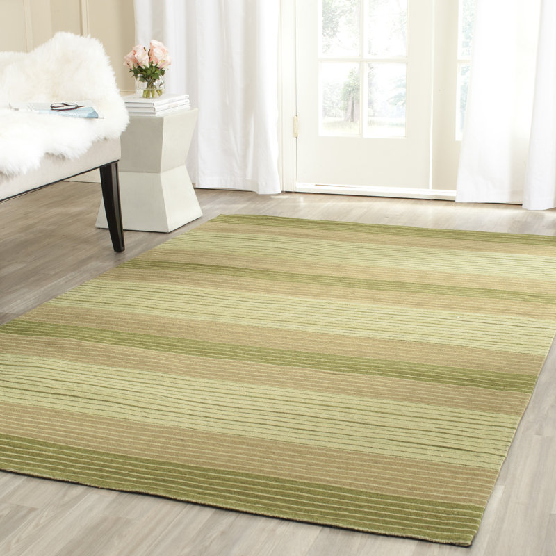 Tapis rayé vert en laine et coton tissé à la main Cruz, Rectangle 5 pi x 8 pi