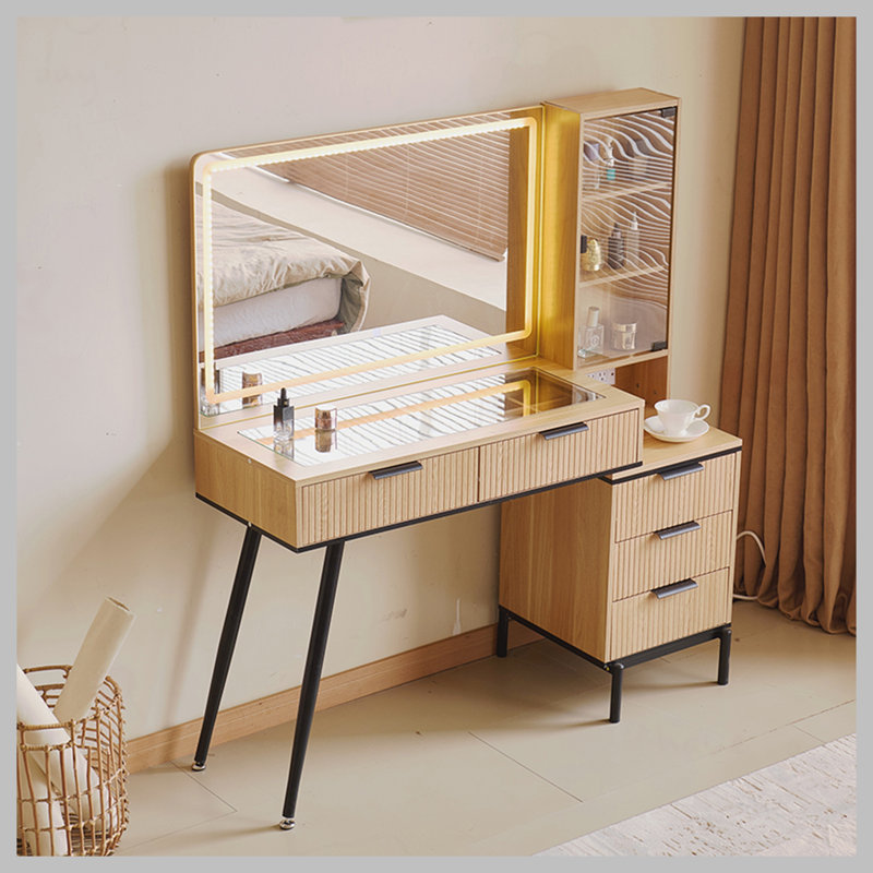 Vanity Desk with Mirror and Lights, Makeup Vanity Desk with Power Outlet, 5 Drawers & Storage Shelves, Adjustable Brightness Dressing Table Set for Bedroom