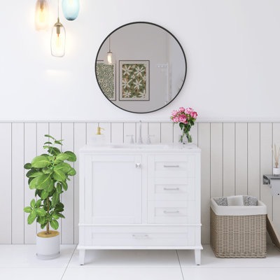 36 po Ensemble de meuble-lavabo autoportant avec lavabo supérieur intégré en céramique, 3 tiroirs