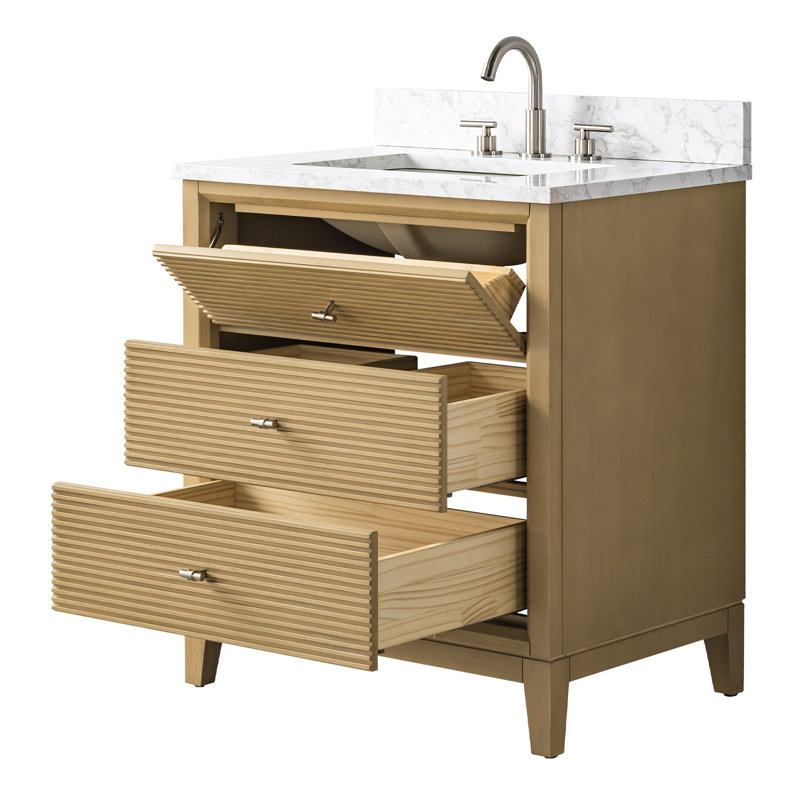 Meuble-lavabo autoportant à simple cuve 30 po avec plateau en marbre Caldwell, Arabescato blanc, Chêne naturel, Nickel brossé