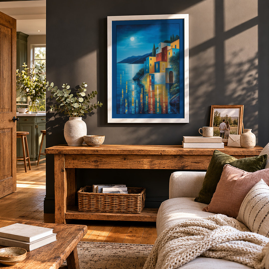 Moonlit Mediterranean Harbor Coastal - Framed Print