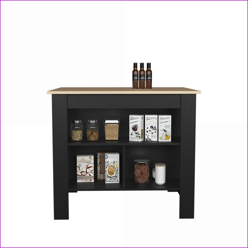 Îlot de cuisine avec rangement | Noir et noir Pin clair | H 35,4 po x l 40,5 po x P 27,5 po | Bois d'ingénierie | Multicolore