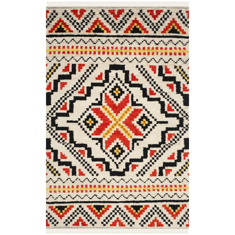 Tapis rouge / noir / beige en laine / coton noué à la main Bakerhill, Rectangle 9 pi x 12 pi