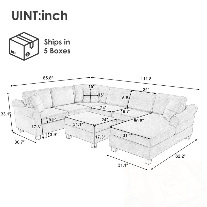 Canapé modulaire en U avec repose-pieds de rangement mobile, Chenille grise foncée