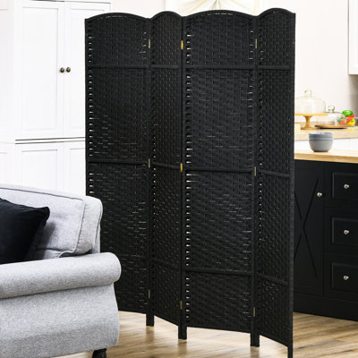 Paravent 4 panneaux pliable, écran d'intimité de 5,6 pi de hauteur. Noir avec détails tissés à la main et plateau arqué enchanteur pour la maison. Chambre polyvalente, bureau. Bois, sangles en polypropylène. Léger, facile à