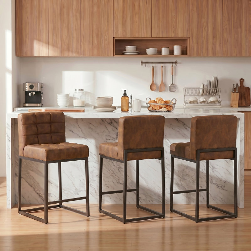 Modern Counter Height Bar Stools, 25 inch Checkered Wiring Thick Upholstered Barstools with Back Sturdy Metal Legs, Coffee Faux Leather Counter Stools for Kitchen Island (Set of 3)