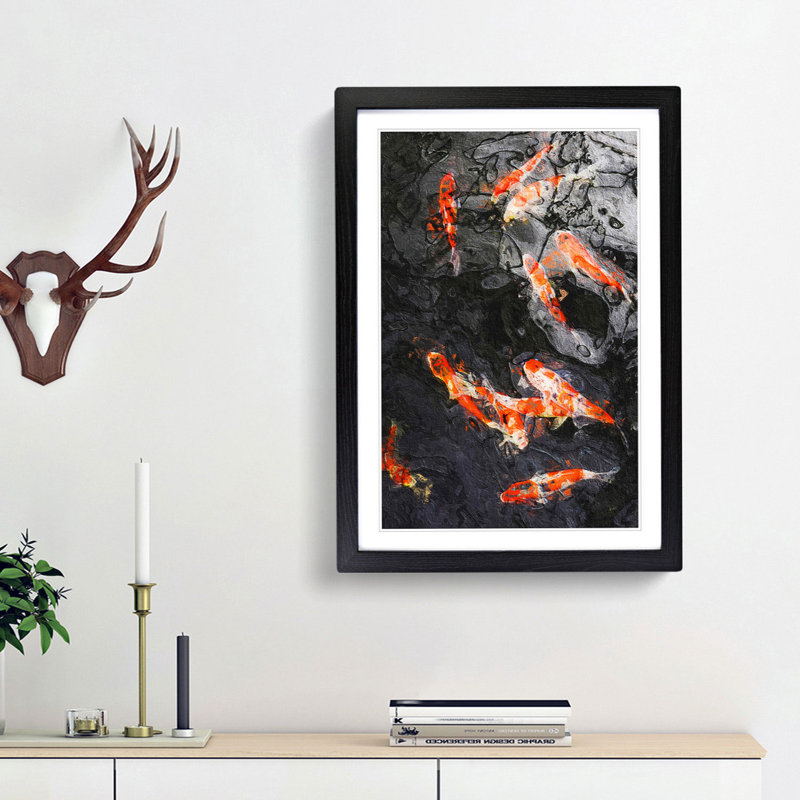 Carp and Koi Fish in Abstract - Picture Frame Painting Print, Black Framed, 65cm H x 48cm W x 2cm D