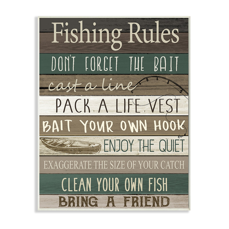 «Rustic Fishing Rules Sign Brown Green Beige» par Kim Allen - impression d'art graphique, H 19 po x l 13 po x P 0,5 po