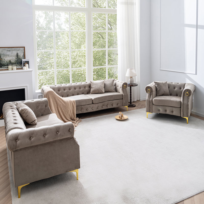 Ensemble de salon 3 pièces en velours Chesterfield, Beige
