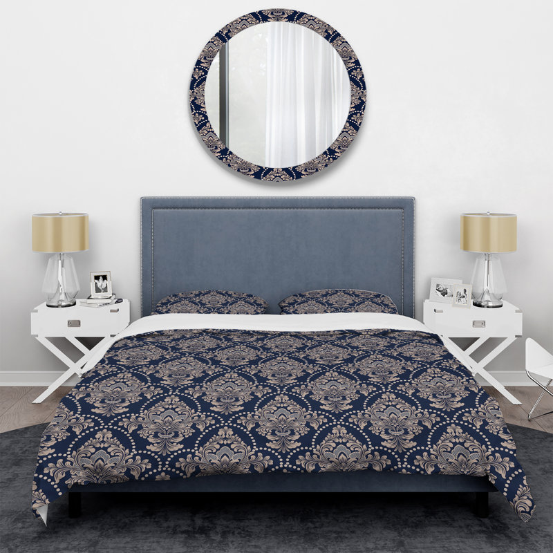 Blue Damask - Patterned Duvet Cover Set, Queen Duvet Cover + 2 Standard Shams