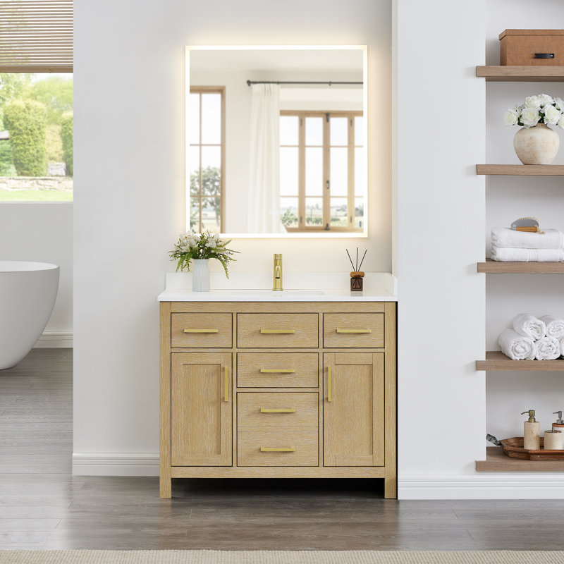 Beckett 42" Freestanding Single Bathroom Vanity with Quartz Top, Brushed Gold, Giotto Quartz, Whitewashed Oak