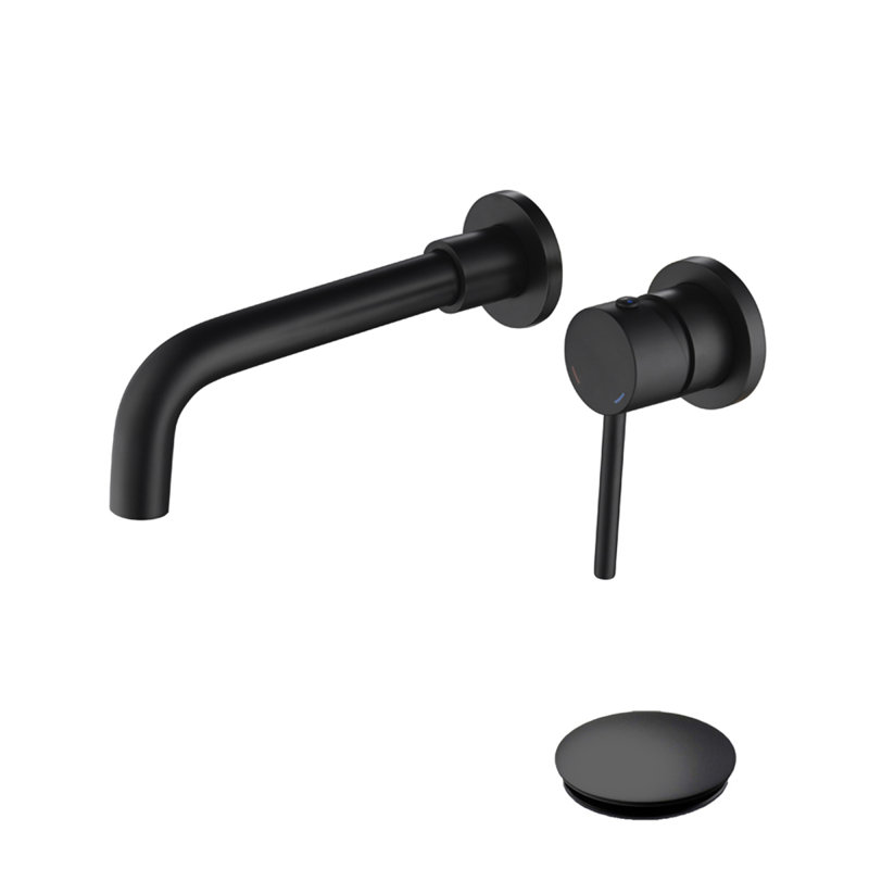 Robinet de salle de bain mural à poignée simple avec bonde escamotable (sans trop-plein), Noir mat