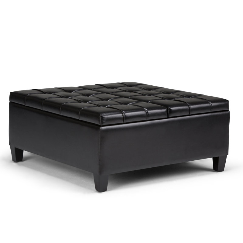Harrison 36"W Upholstered Vegan Leather Transitional Square Lift-Top Ottoman with Hidden Storage, Midnight Black Faux Leather