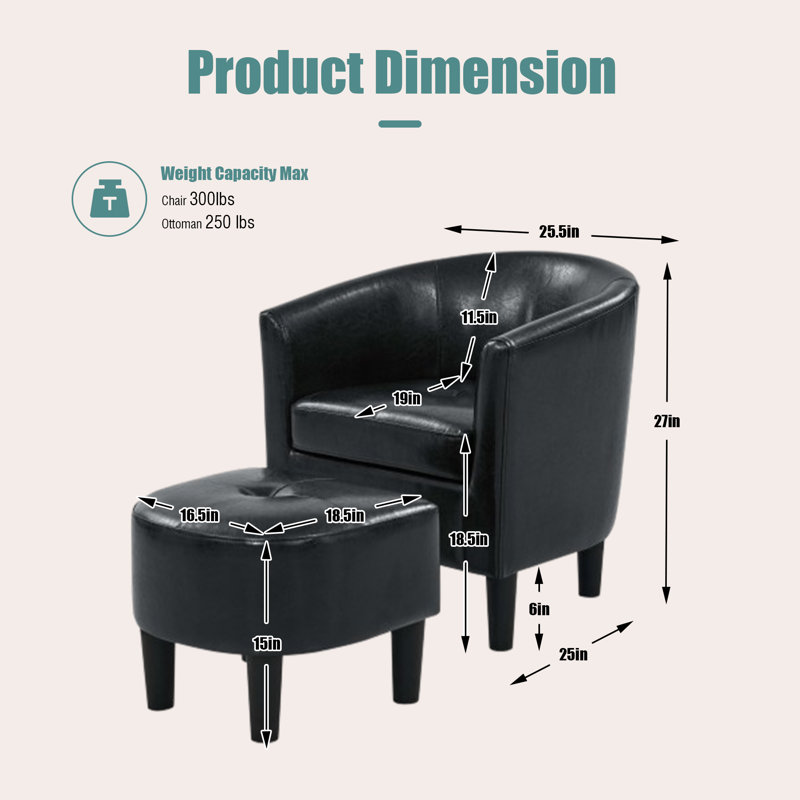 Fauteuil demi-tonneau avec repose-pieds en similicuir moderne noir, Noir