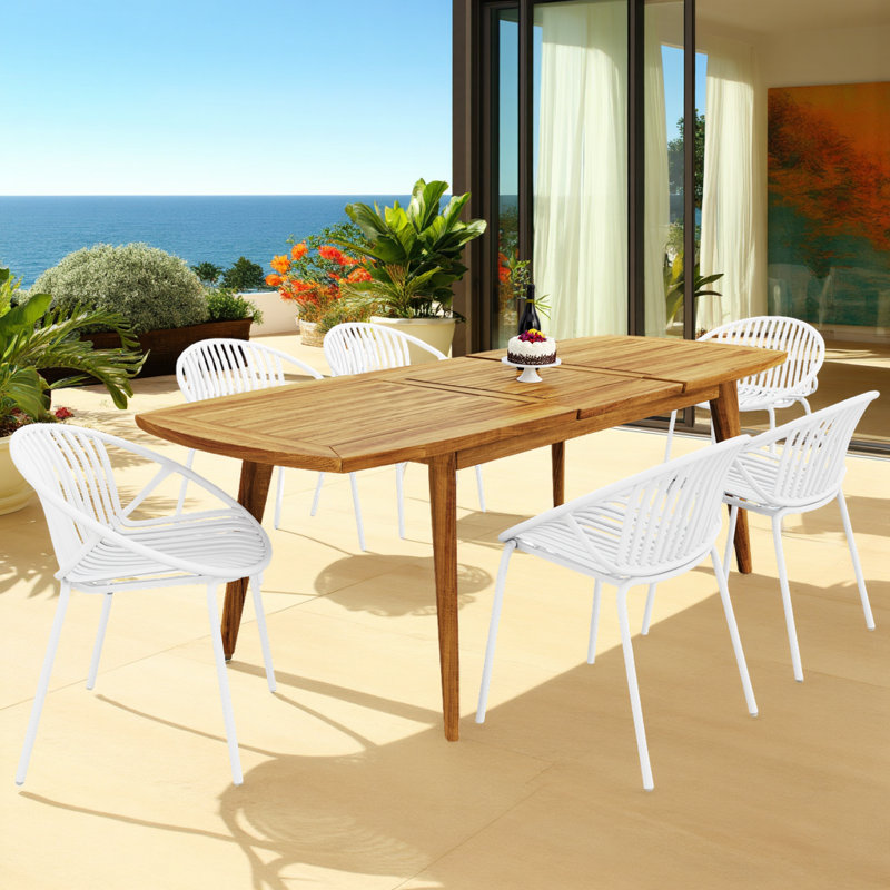 Modern 7-Piece Outdoor Dining Set - Extendable Acacia Table & Weather-Resistant Stackable Chairs, White