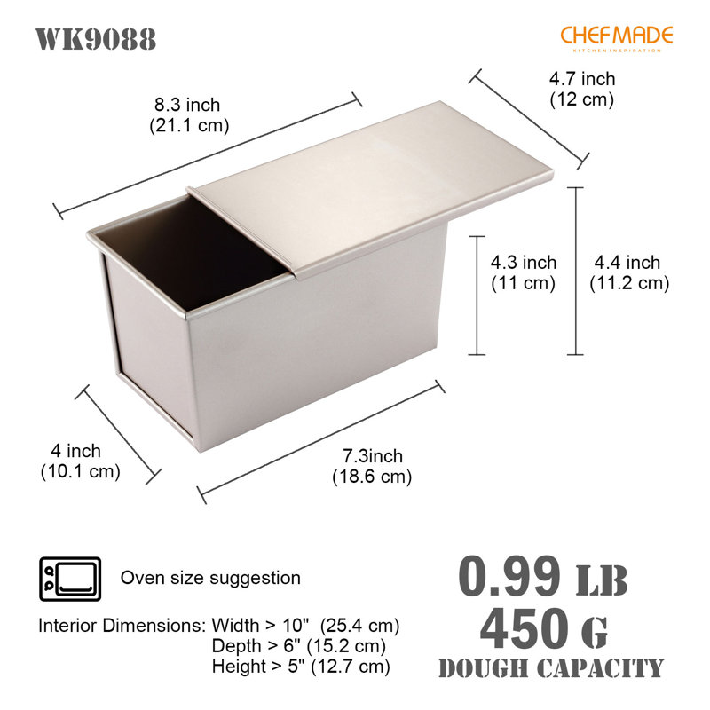 CHEFMADE  Flat Pullman Loaf Pan with Lid , Non-stick Toast Box, 4.61" H x 8.38" L x 4.84" W