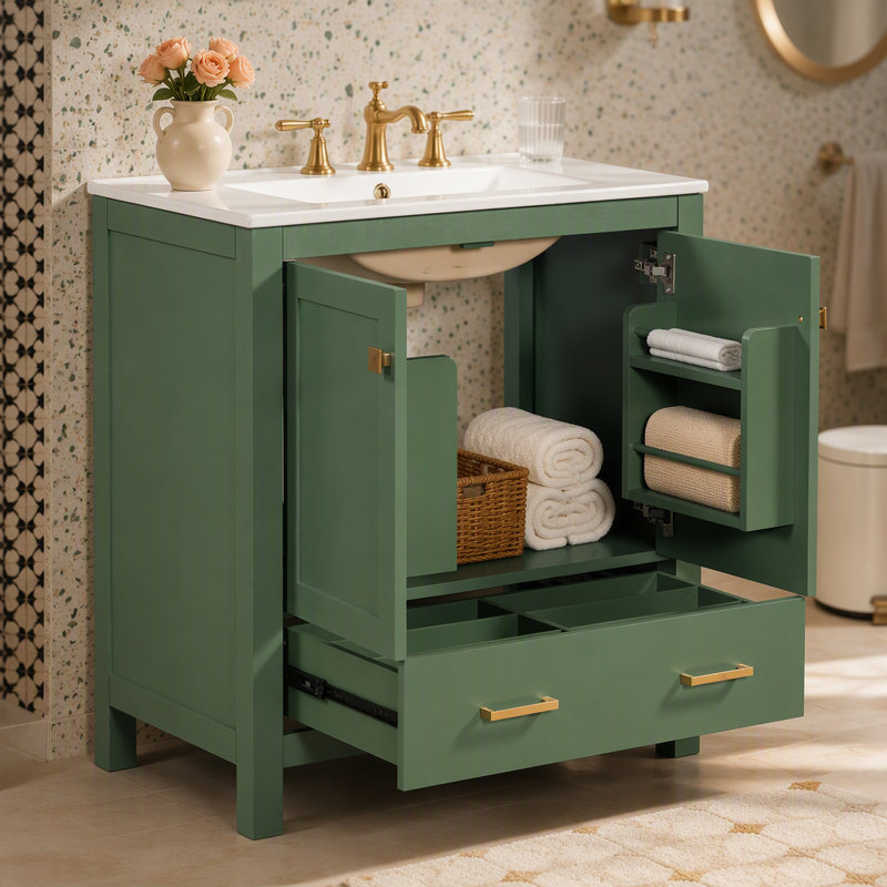 Meuble-lavabo de 30 po avec lavabo simple, lavabo sous le comptoir, armoire de rangement pour la salle de bain avec 2 portes et un tiroir, fermeture en douceur, rangement multifonctionnel