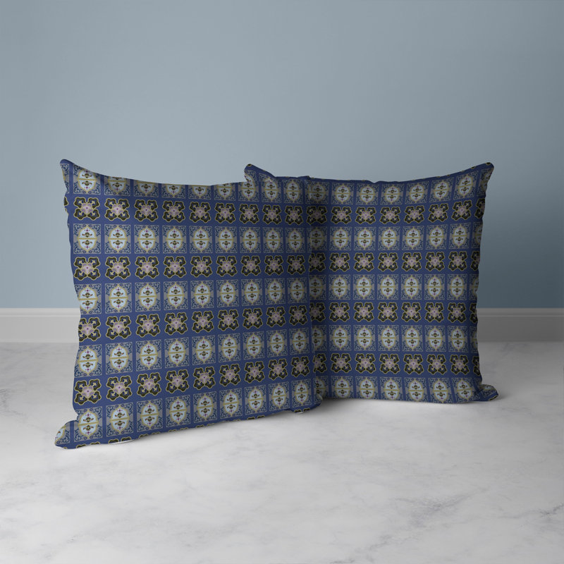 Coussin décoratif réversible intérieur / extérieur Darbari Dynasty, H 20 po x l 20 po, Bleu / artichaut