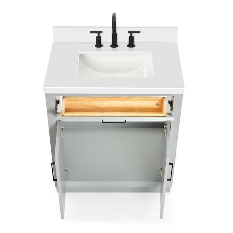 Thornaby 30'' Solid Wood Single Bathroom Vanity with 1.5'' Quartz Top, Gray / Matte Black, Rectangular