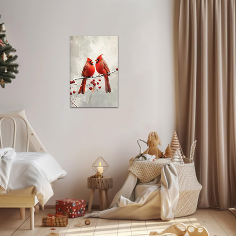 Red Cardinal Canvas Wall Art Cardinal Bird Standing On A Branch Picture Prints Winter Animal Painting Christmas Wall Decor Artwork Framed