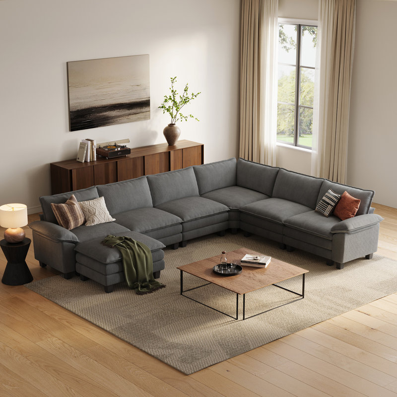 Colbey 153" Corduroy Cloud Modular Corner Sectional Sofa, 6 Seat With Movable Ottoman, Lena Gray Corduroy