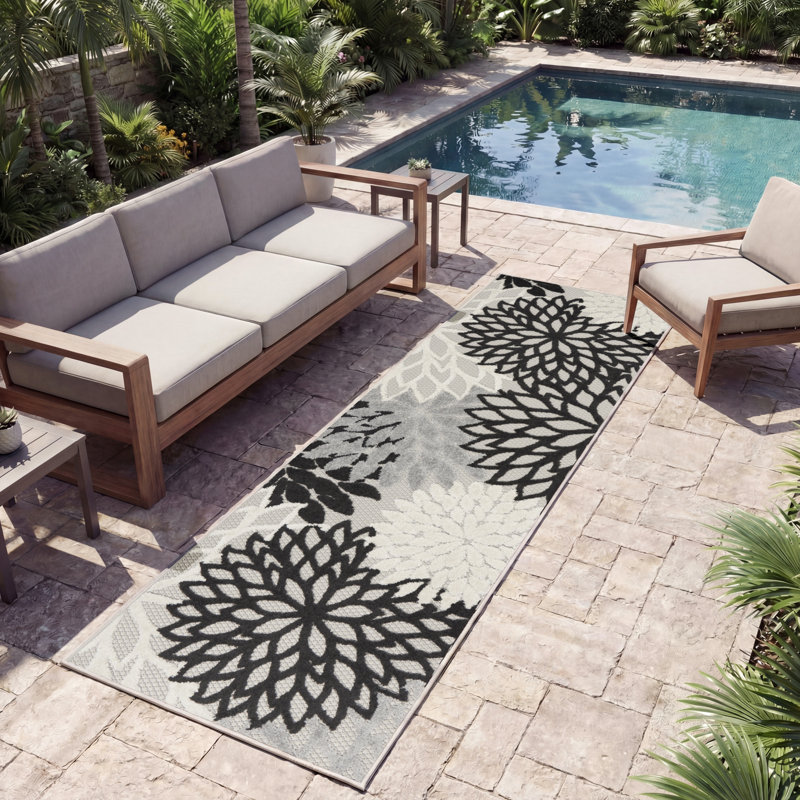 Tapis intérieur / extérieur noir / gris / blanc à motif floral Arnelle, Tapis de couloir 2 pi 3 po x 8 pi