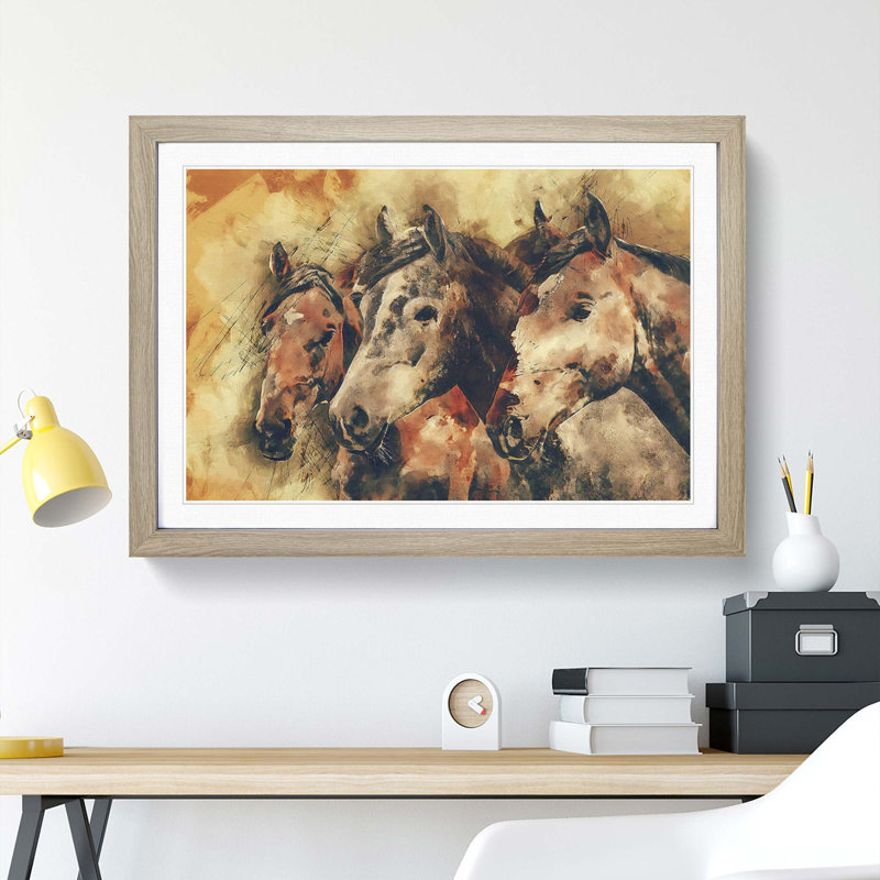 Trio of Horses in Abstract - Picture Frame Painting Print, 35cm H x 50cm W x 2cm D, Oak