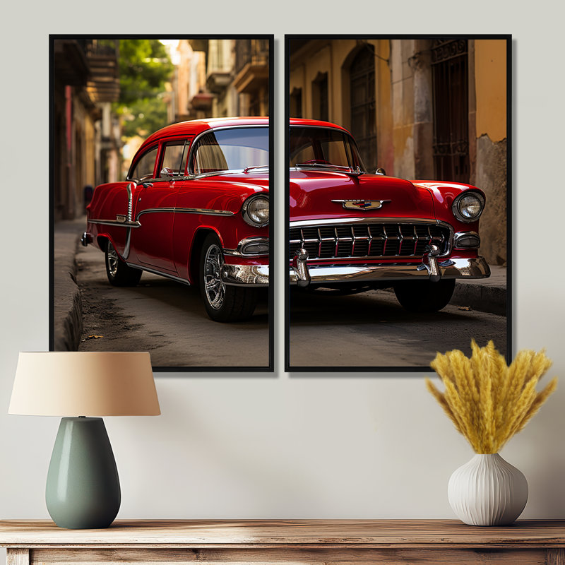 «Havana Red Car - Cuba Landscape», ensemble de 2 grandes impressions sur toile, H 36 po x l 48 po, Noir