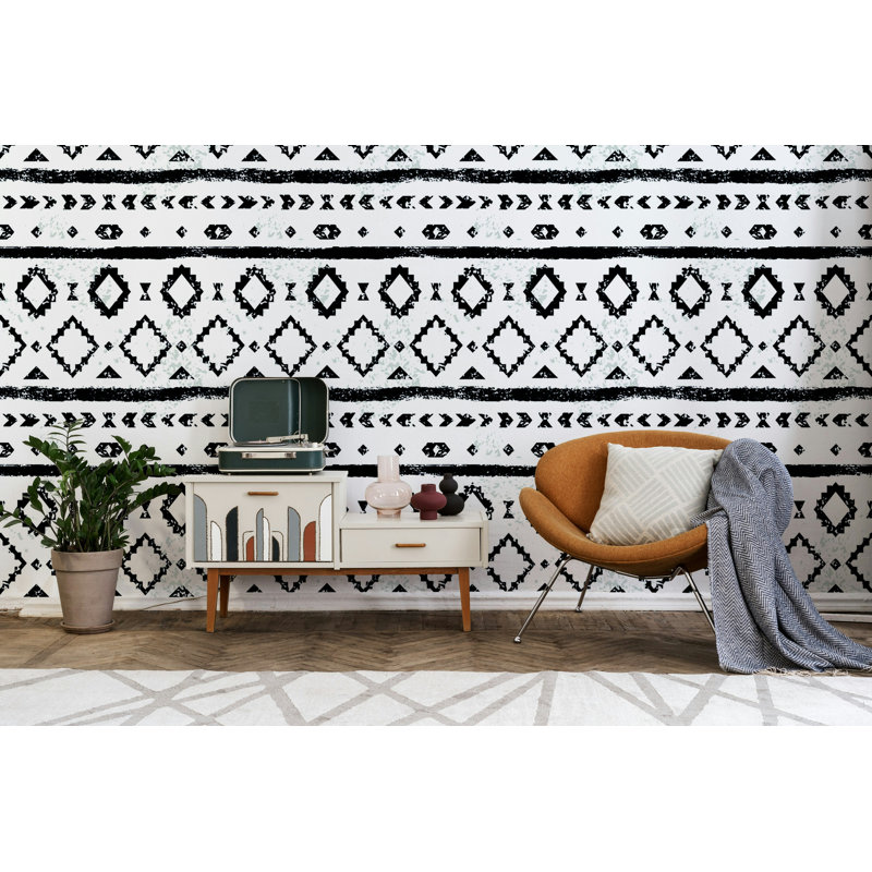 Black and White Tribal Stripe Wallpaper, 115"L x 225"W