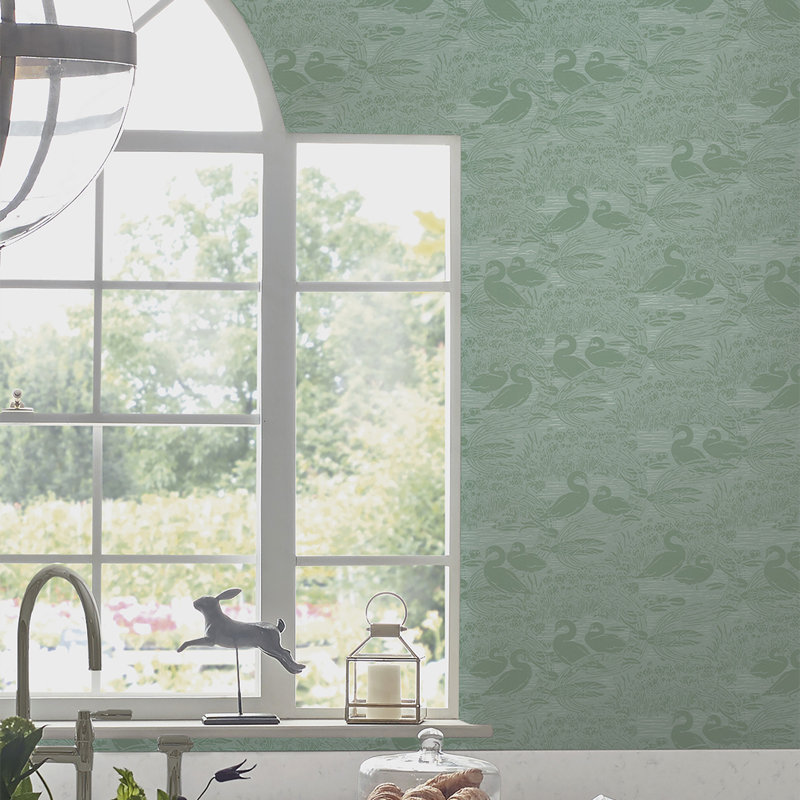 Laura Ashley Swans Dove Grey Wallpaper, Jade  Green