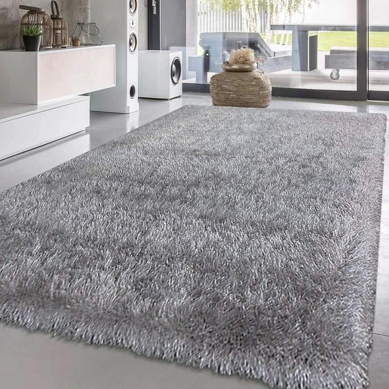 Natty Silver Shaggy Glitter Area Rugs & Mat – Luxury Soft Sparkle Shag Pile Carpet with Non-Slip Backing for Living Room, Bedroom, Hallway & Kitchen