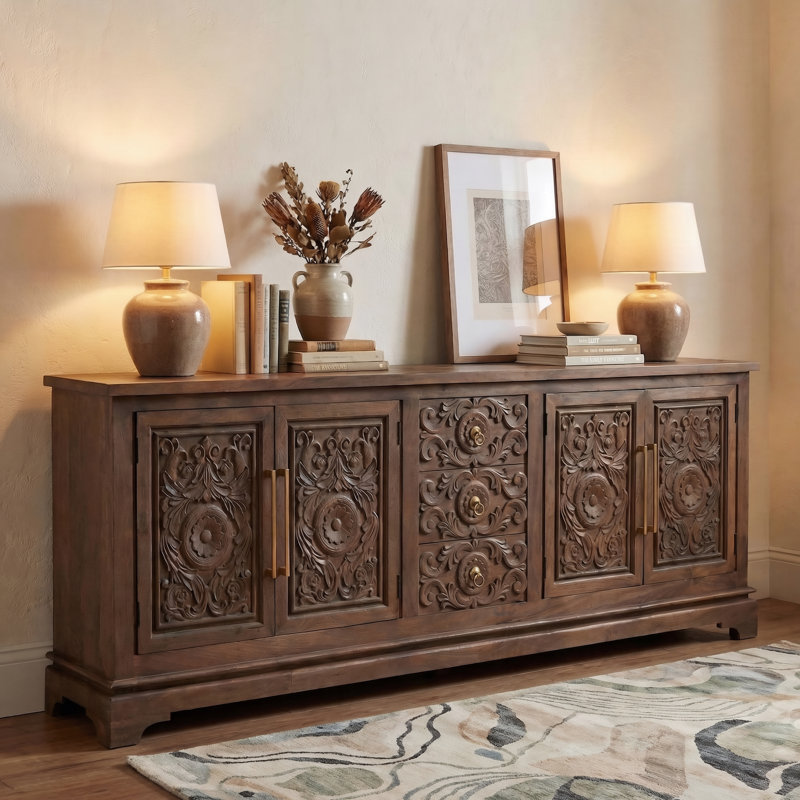 3-drawer 4-door Carved Solid Wood Sideboard, Brown