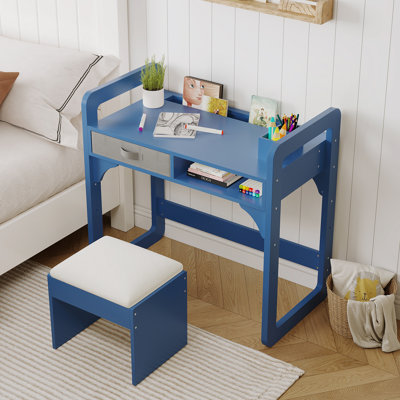 Adjustable Kids Desk and Chair Set with Book Rack, Wooden Study Table with Drawer & Stool, Toddler Learning Station for Bedroom & Playroom, White
