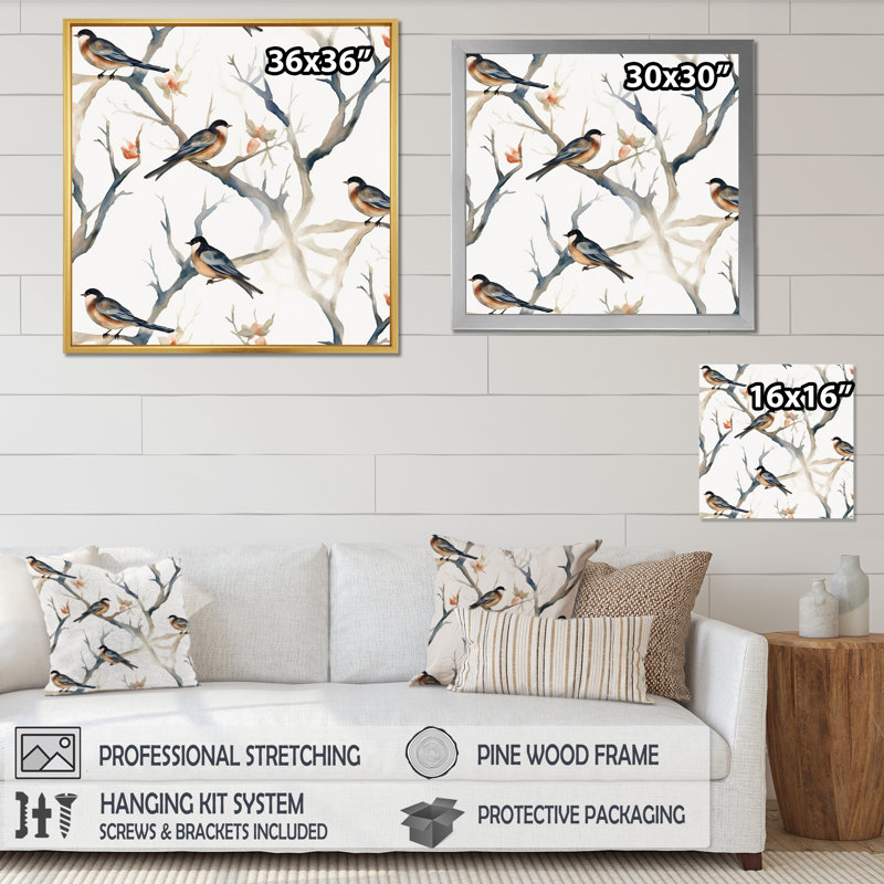 «Little Birds On The Tree Branches III», reproduction d'art sur toile, Toile tendue, H 30 po x l 30 po x P 1 po