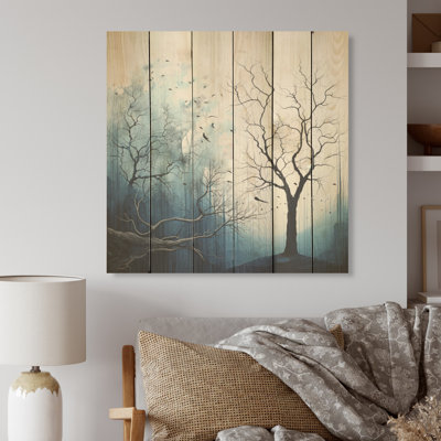 Minimalism Blue Tree Landscape - Trees Wood Panel Wall Art On Natural Pine Wood