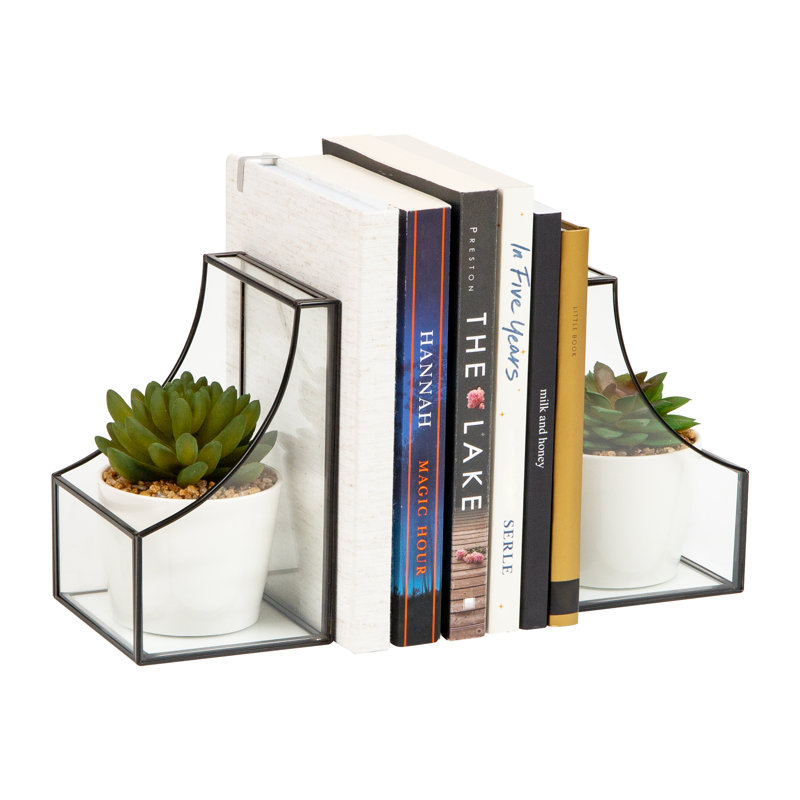Serre-livres Mind Reader Terrarium, porte-livres décoratifs avec rangement, organisateur moderne pour bureau ou tablette, verre, métal, ensemble de 2, noir