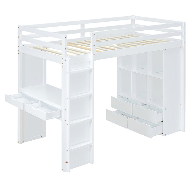 Lit mezzanine avec tablettes luxueuses, bureau et éclairage à DEL dans des tablettes, un bureau et, Lit double, Blanc