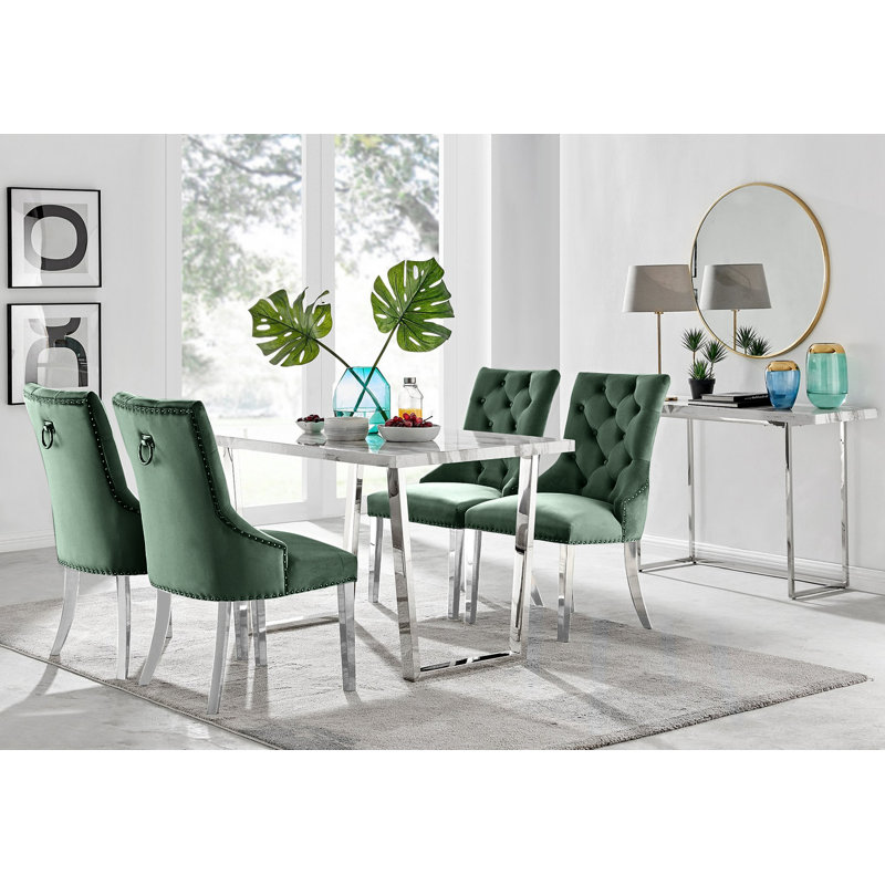 Baldridge Modern Marble and Silver Dining Table Set With 4 Luxury Button Velvet Dining Chairs