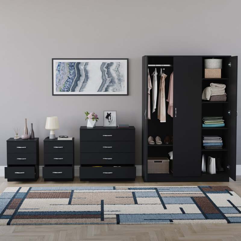 Tayce 4 Piece Bedroom Set (3 Drawer Bedside Chest X2, 4 Drawer Chest, 3 Door Wardrobe), Black