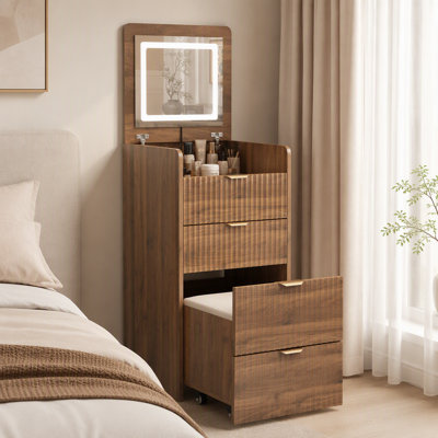 Meuble-lavabo 3 en 1 avec 3 tiroirs et tabouret à roulettes, meuble-lavabo compact avec miroir et lumières
