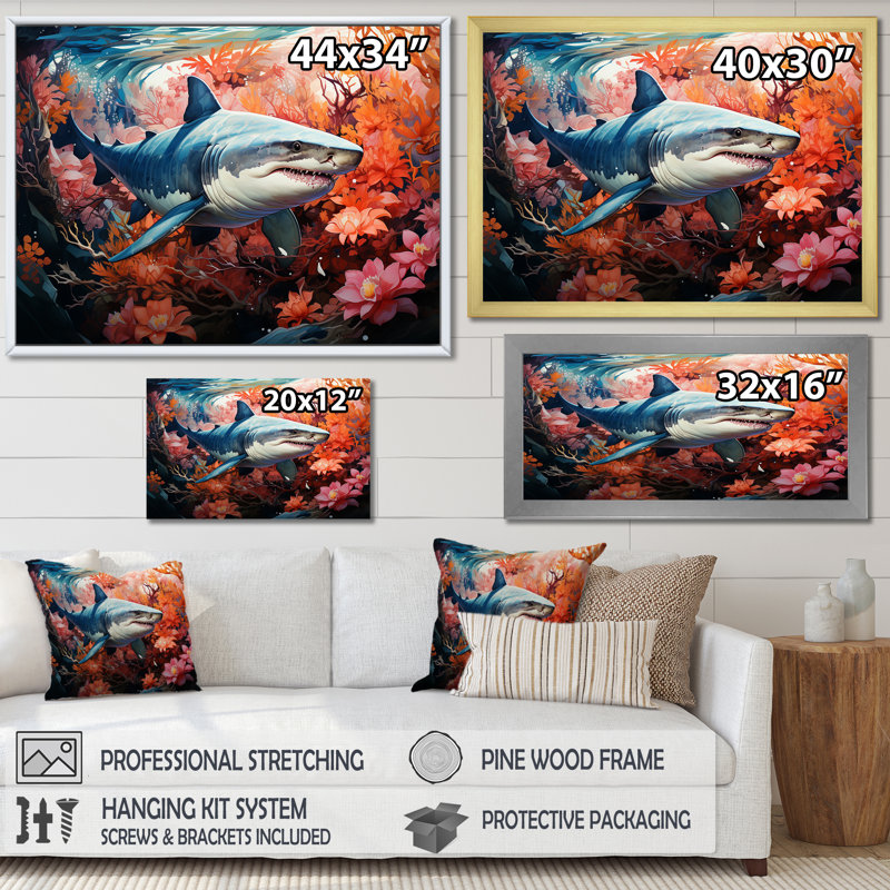 " Lemon Shark Encounter Landscape ", 12" H x 20" W x 1" D, Black Floater Framed