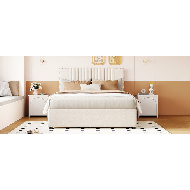 Lit plateforme tapissier pleine grandeur ELUNara avec 2 tiroirs de rangement et lit gigogne simple, tête de lit classique, tissu en lin beige