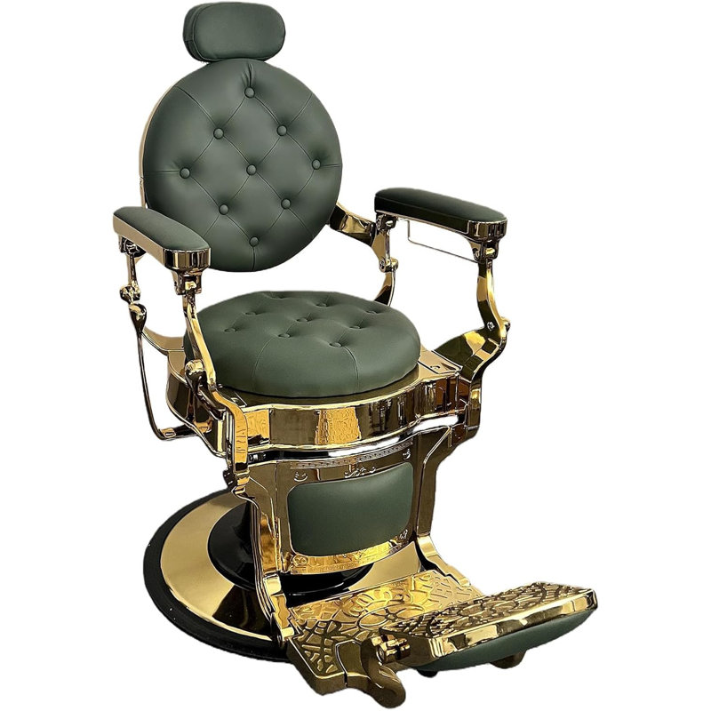 Heavy Duty Vintage Barber Chair – Hydraulic Recline, Adjustable Height, 360° Swivel, Headrest & Footrest, 700lbs Support – Professional Salon, Beauty, Tattoo Lounge Seating – Electroplated Gold Green